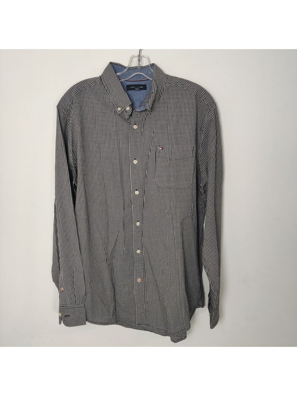 Tommy Hilfiger Black White Gingham Check 100% Cotton Button Down Shirt XL
